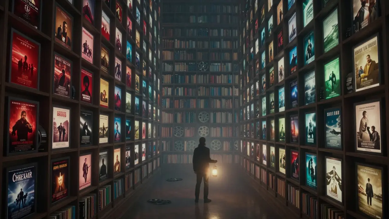 Conceptual art of an infinite library filled with glowing film reels