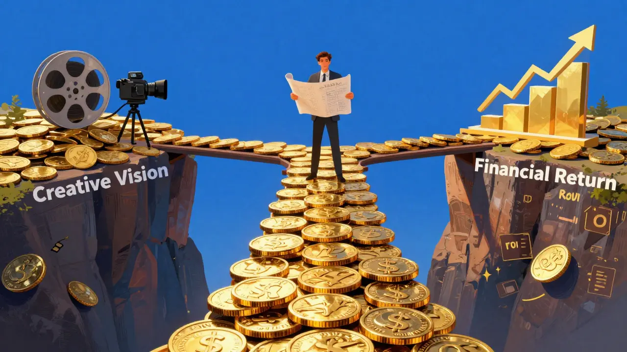 Conceptual art showing a bridge of coins connecting creative vision to financial return