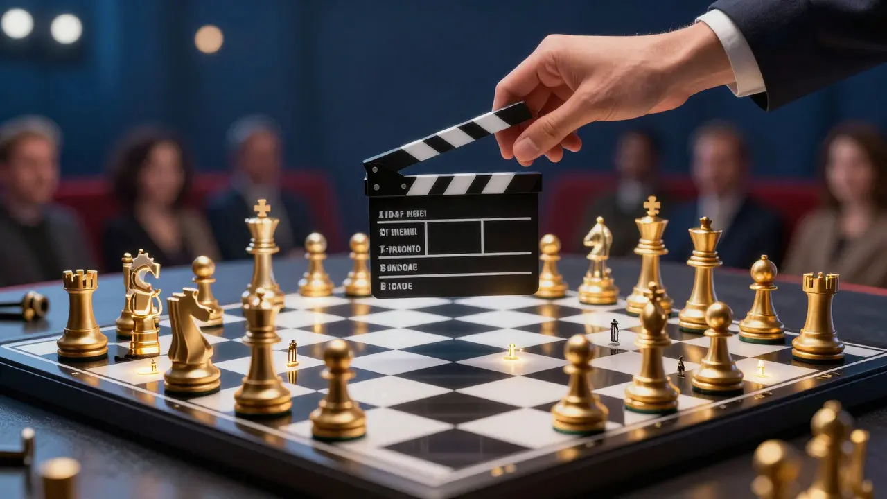 Conceptual art showing a chessboard with festival landmarks and a clapperboard piece