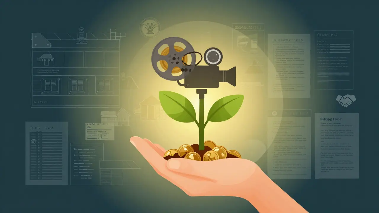 Conceptual art showing a coin turning into a plant with film reel leaves, symbolizing economic growth