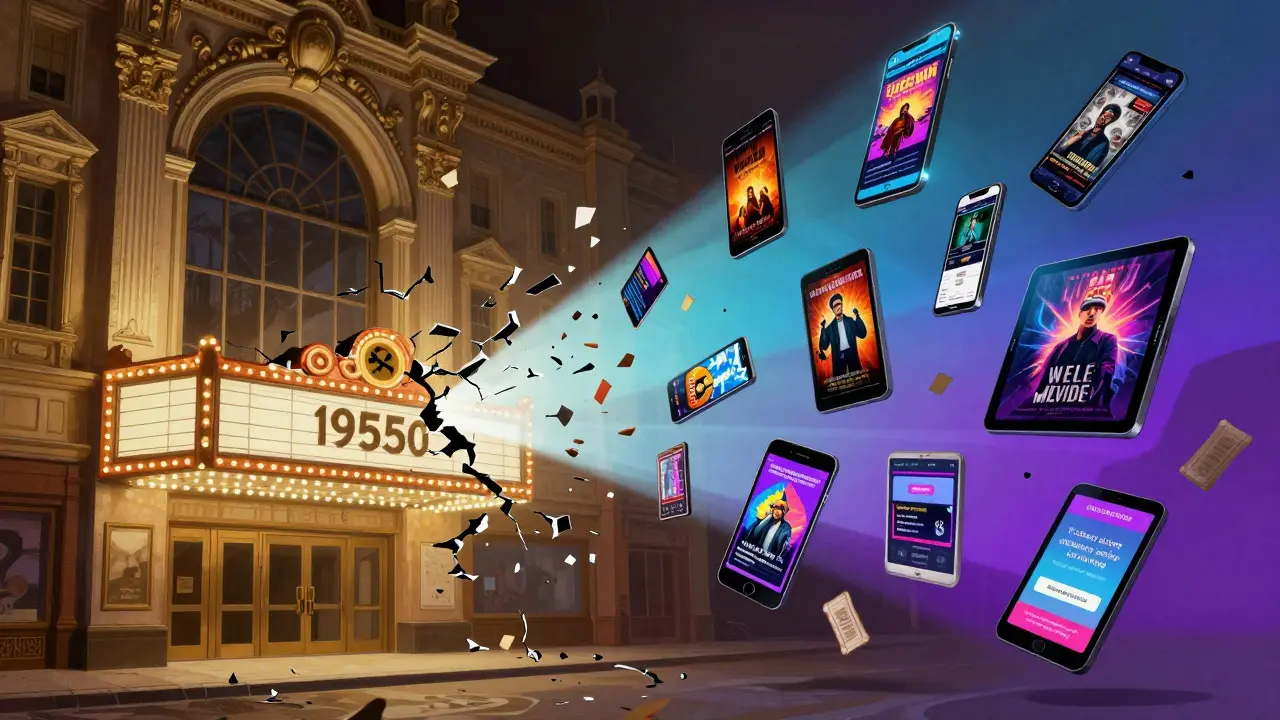 Conceptual art showing a crumbling theater transforming into digital screens