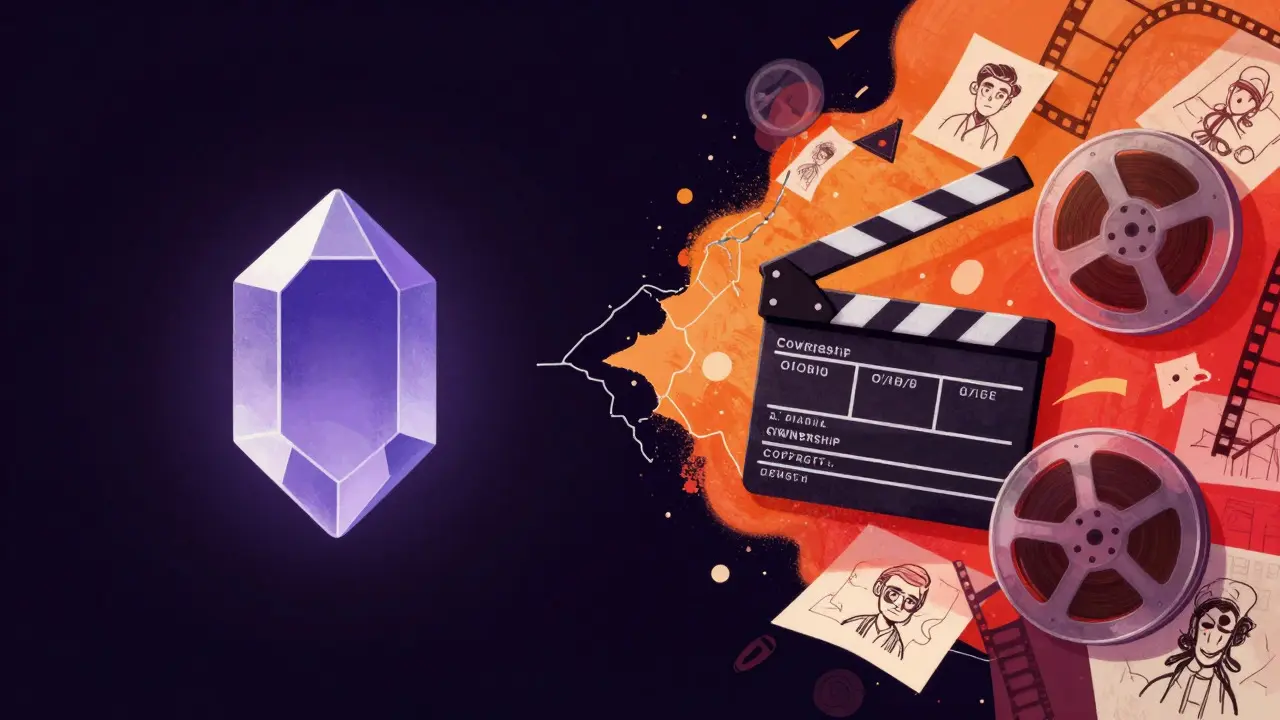 Conceptual art showing a digital token separated from film production elements