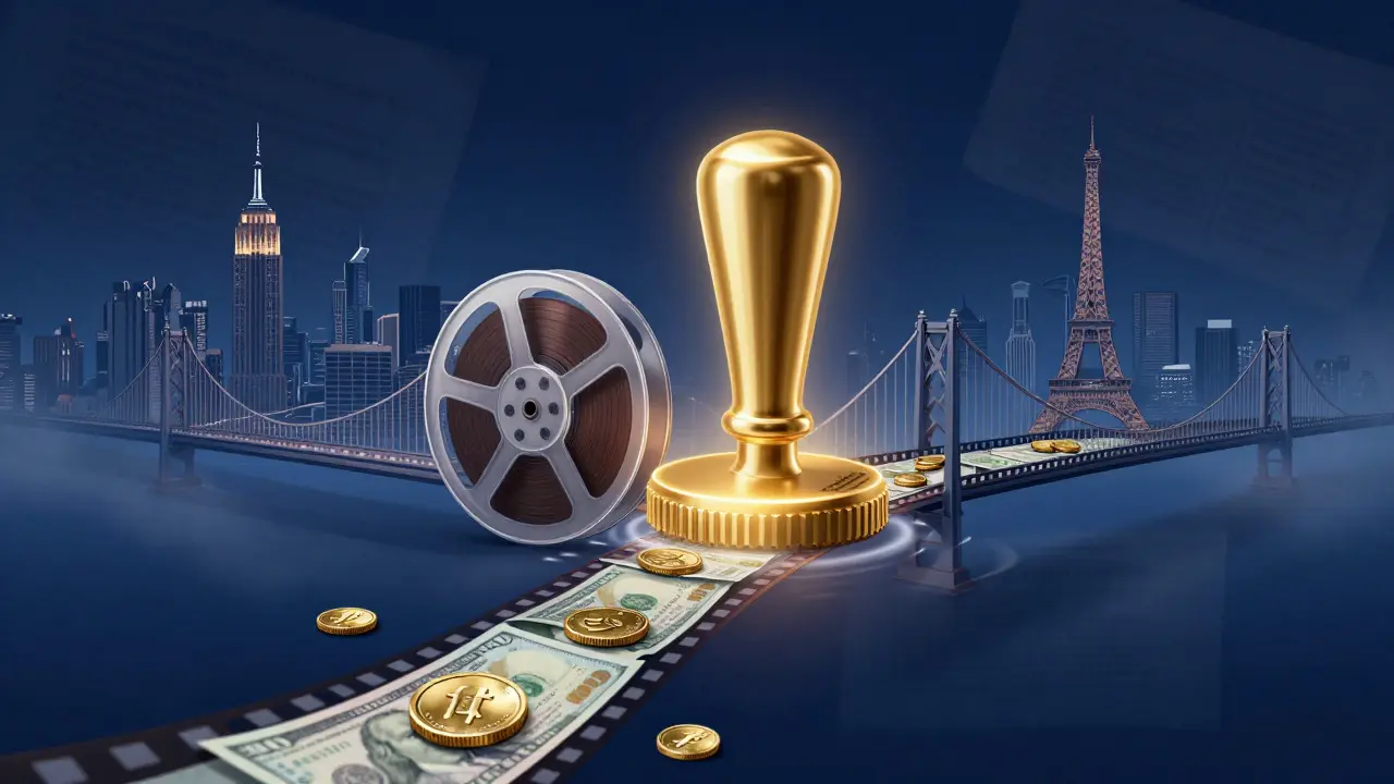 Conceptual art showing a film reel bridging two cities with flowing money.