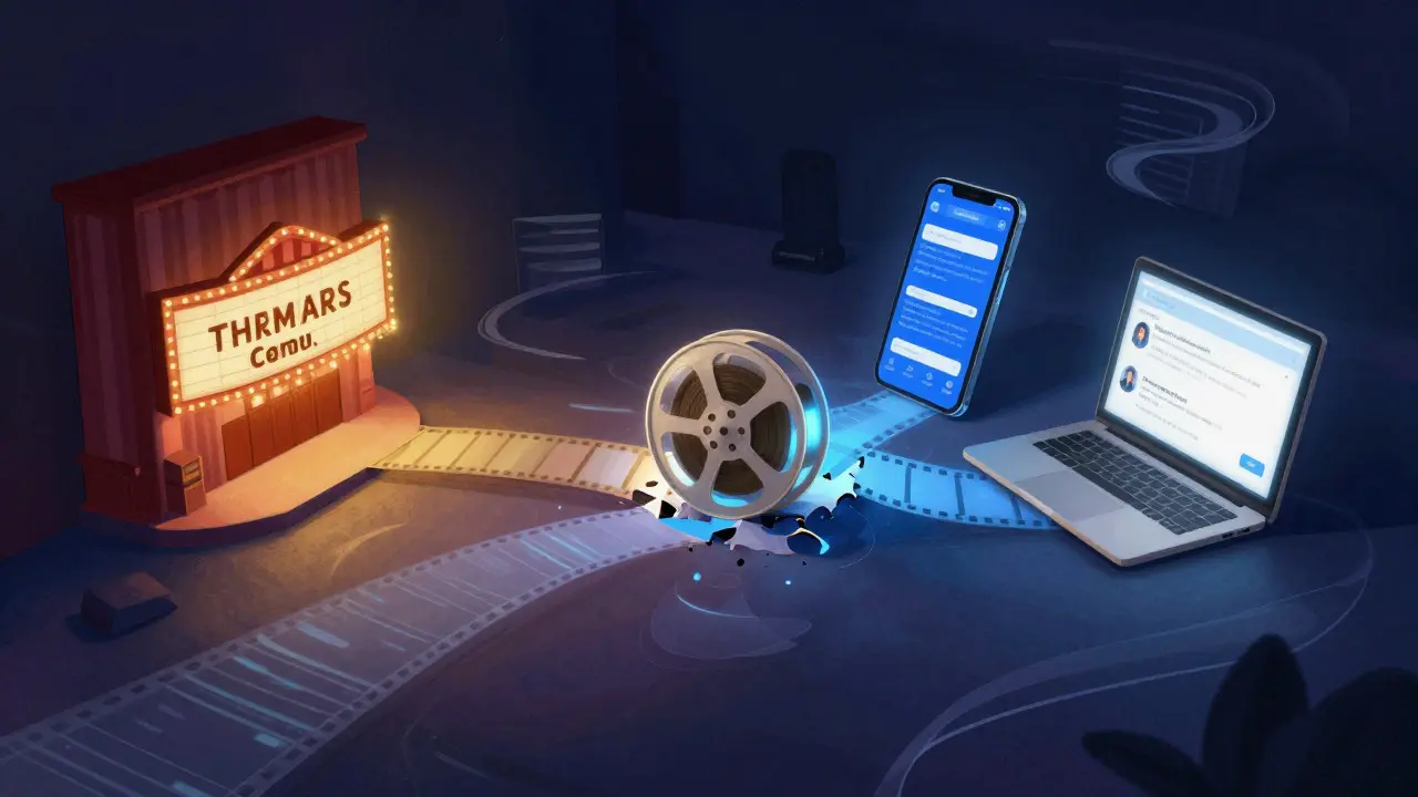 Conceptual art showing a film reel splitting into theatrical and streaming paths