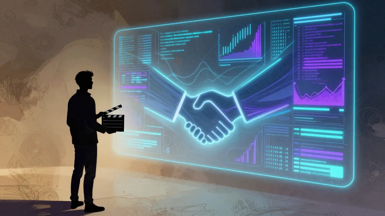 Conceptual art showing a filmmaker meeting a wall of glowing data and code