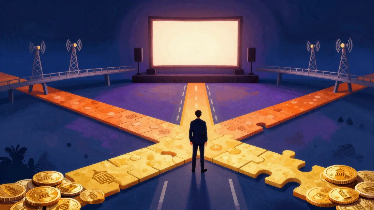Conceptual art showing a filmmaker navigating multiple funding sources toward success