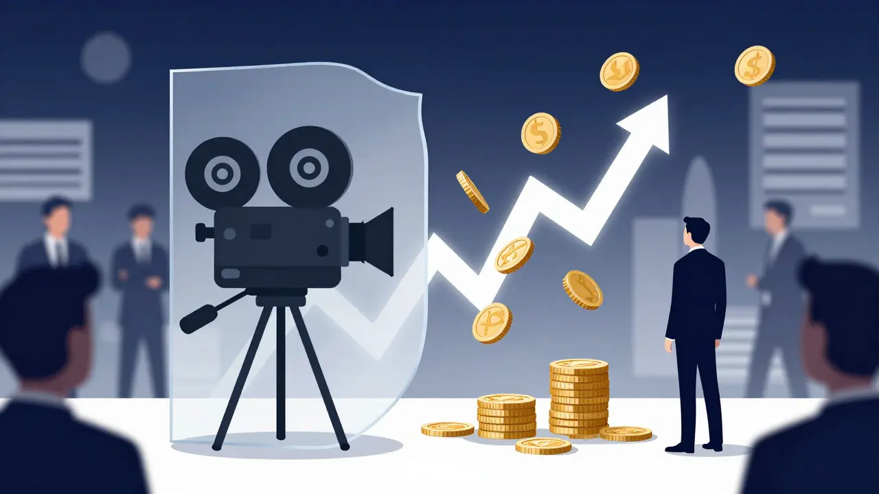 Conceptual art showing a protective shield guarding film equipment from financial risks