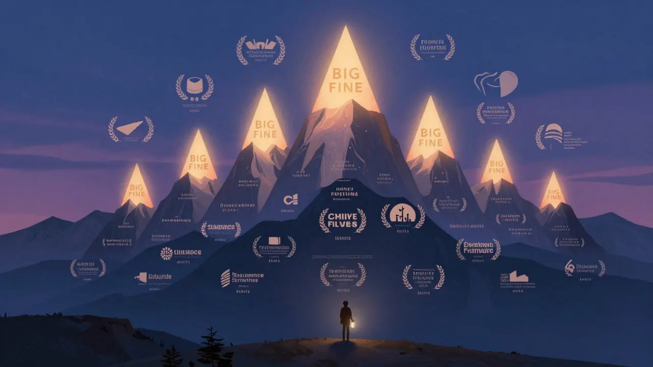 Conceptual art showing film festivals as glowing mountain peaks under a starry sky
