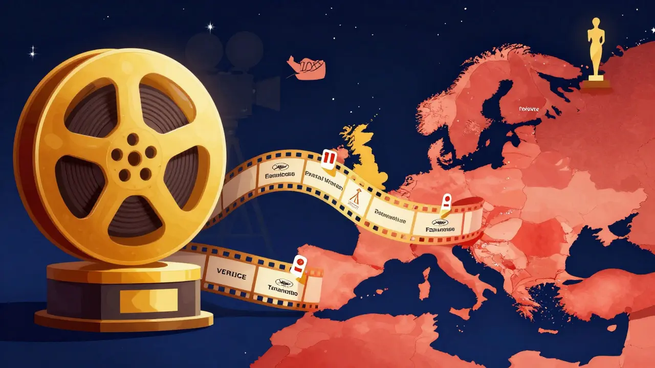 Conceptual art showing film reels connecting major international film festivals
