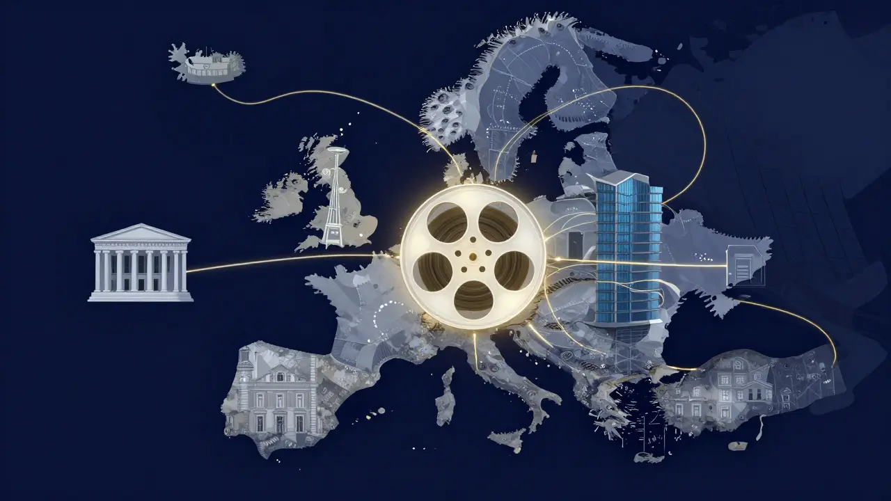 Conceptual art showing interconnected nodes representing European film funding networks