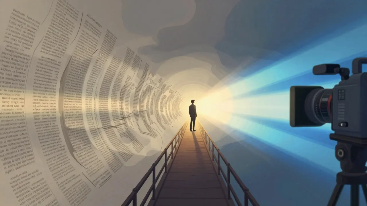 Conceptual art showing the transition from written words to cinematic visuals
