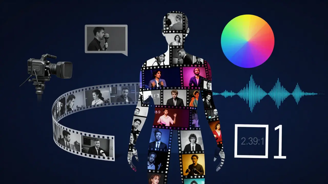 Conceptual collage of film strips forming a silhouette, illustrating hybrid film structure