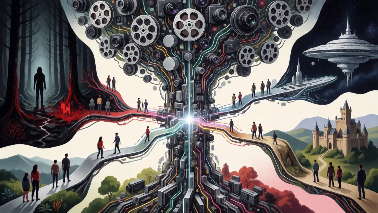 Conceptual digital tree illustrating interconnected media franchise universes.