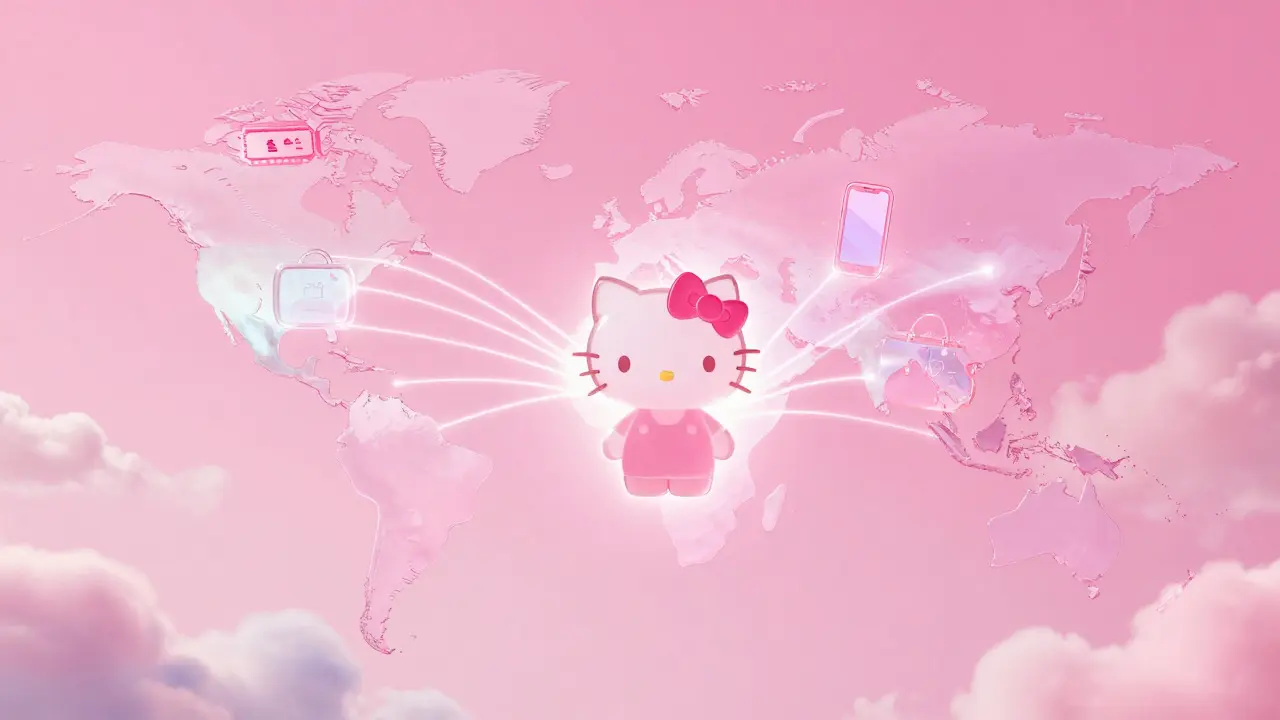 Conceptual globe with glowing threads connecting to Hello Kitty silhouette