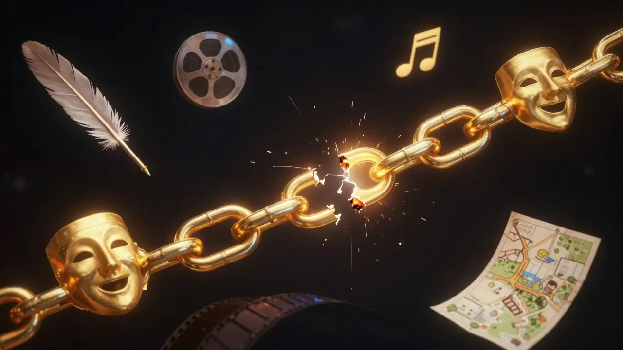 Conceptual golden chain with one broken link representing film rights