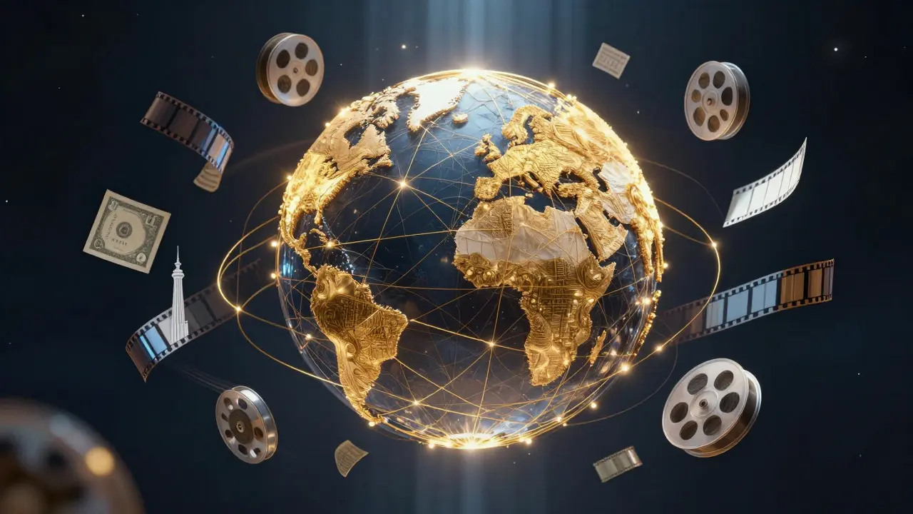 Conceptual illustration of a globe connected by golden threads and film reels symbolizing global partnerships