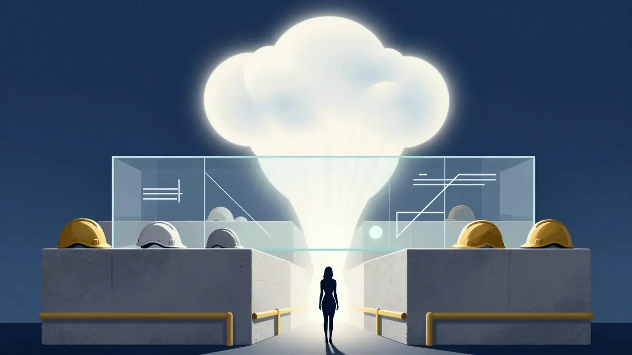 Conceptual illustration of layered safety structures supporting a worker