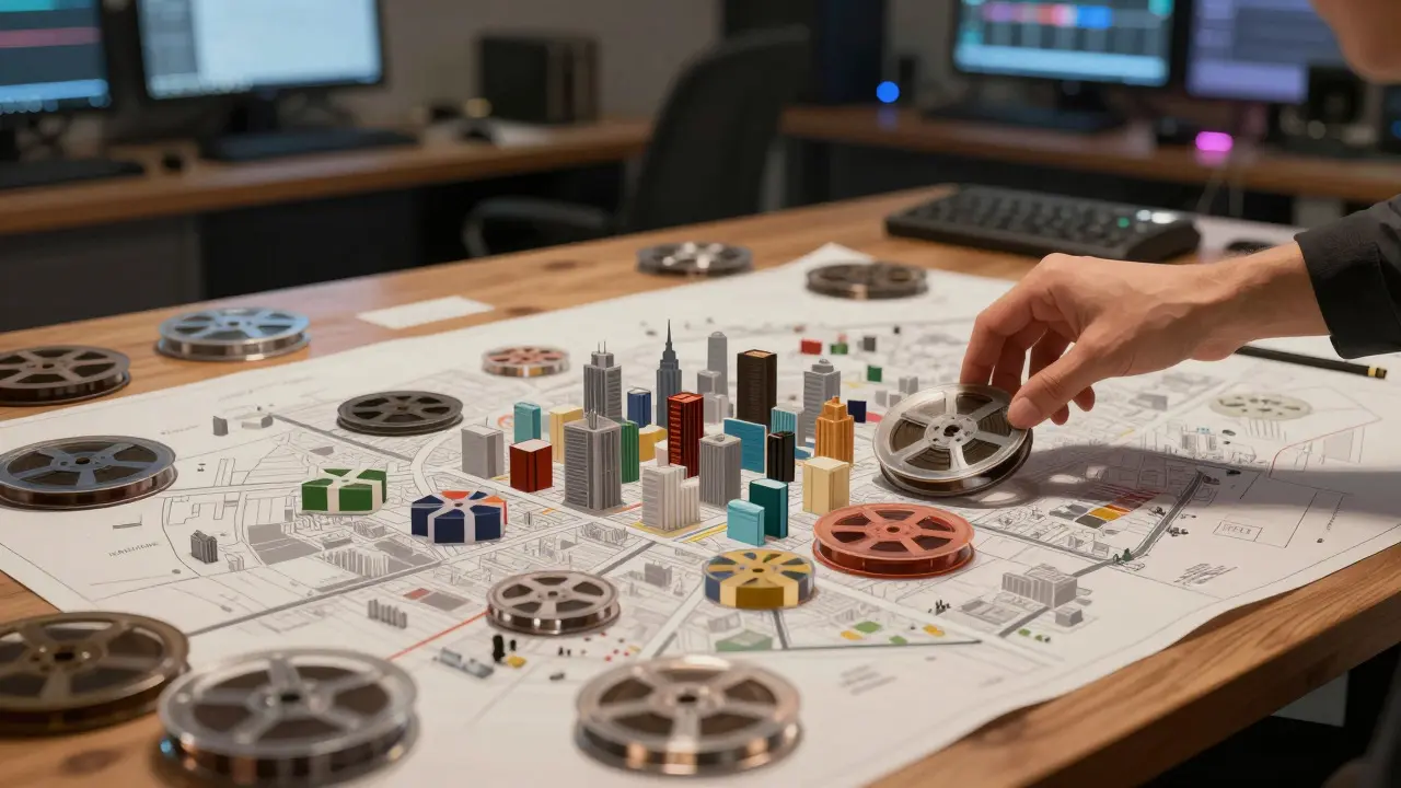 Conceptual image of film reels arranged like a city map on a curator's desk