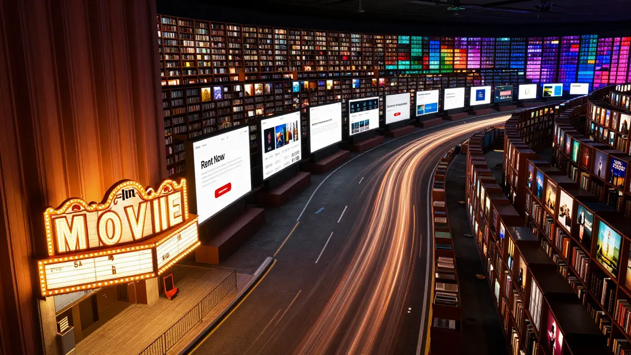 Conceptual landscape showing the transition from theaters to free streaming platforms