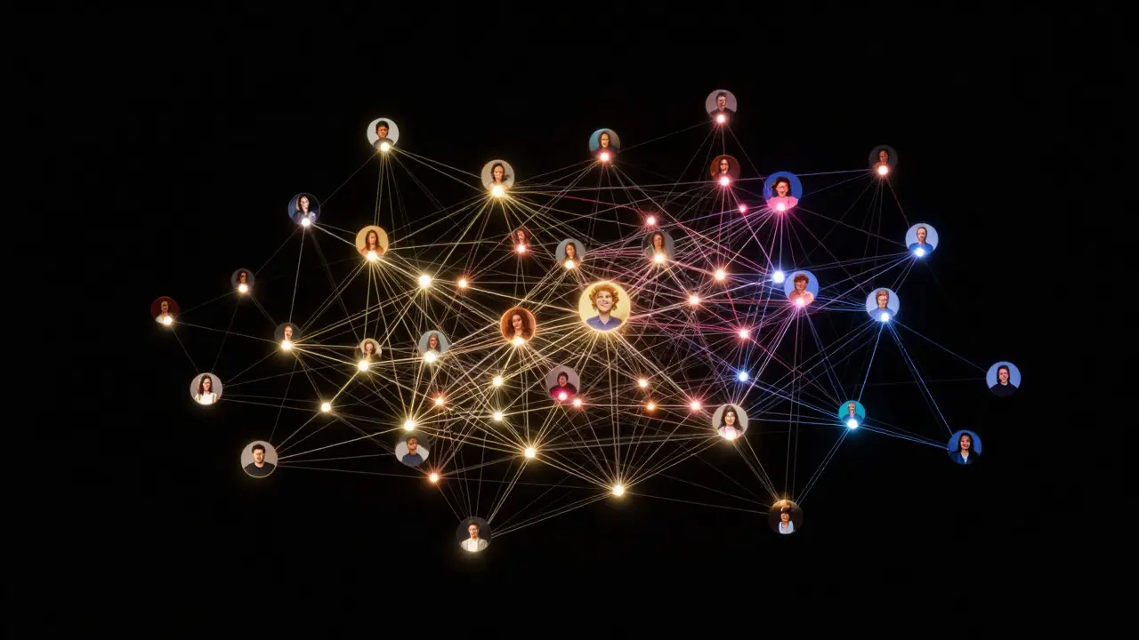 Constellation of glowing connected nodes representing a decentralized network of critics