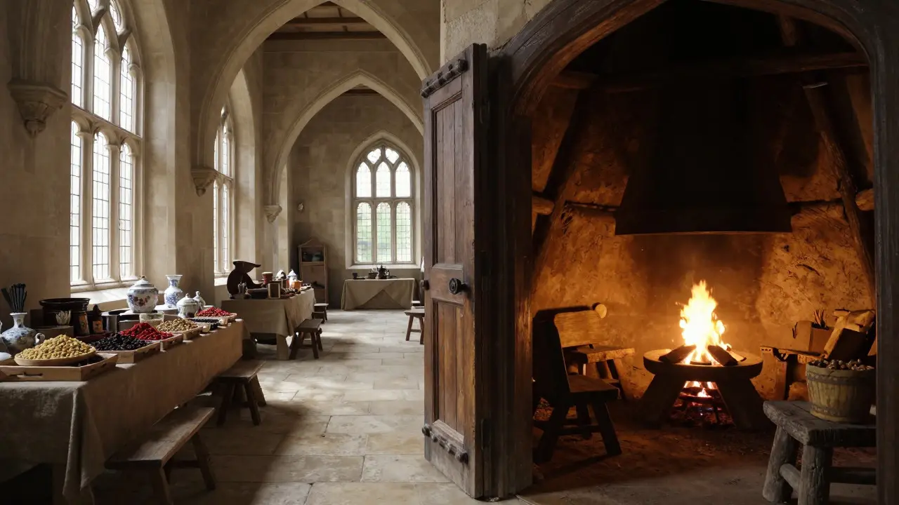 Contrast between a clean castle interior and a smoky peasant hut