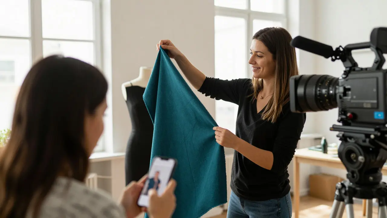 Costume designer presenting fabric to camera in bright studio setting