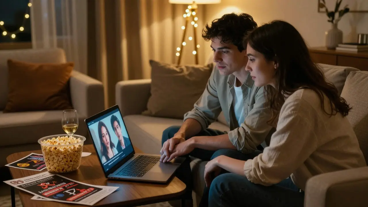 Couple watching a film at home surrounded by post-theater mementos