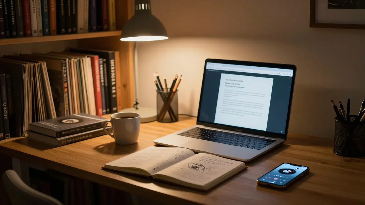 Cozy desk setup with notebook, laptop, and books for studying film criticism