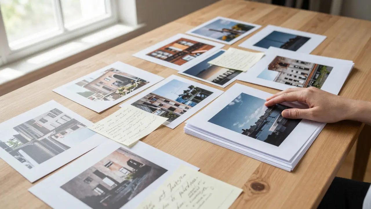 Creative workspace with mood boards and film stills on a desk