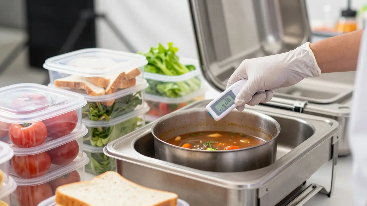 Crew member checking food temperature with thermometer