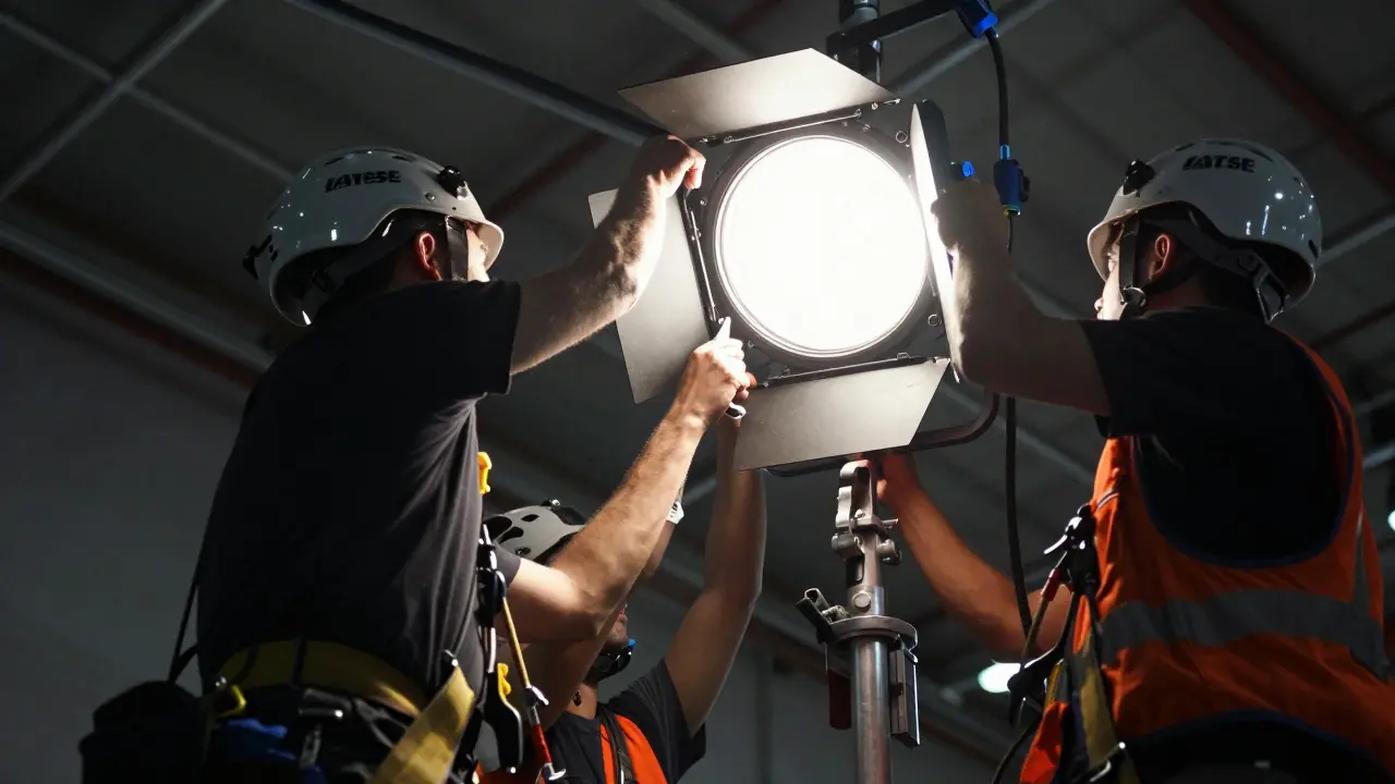 Crew members rigging lighting equipment on a ceiling grid