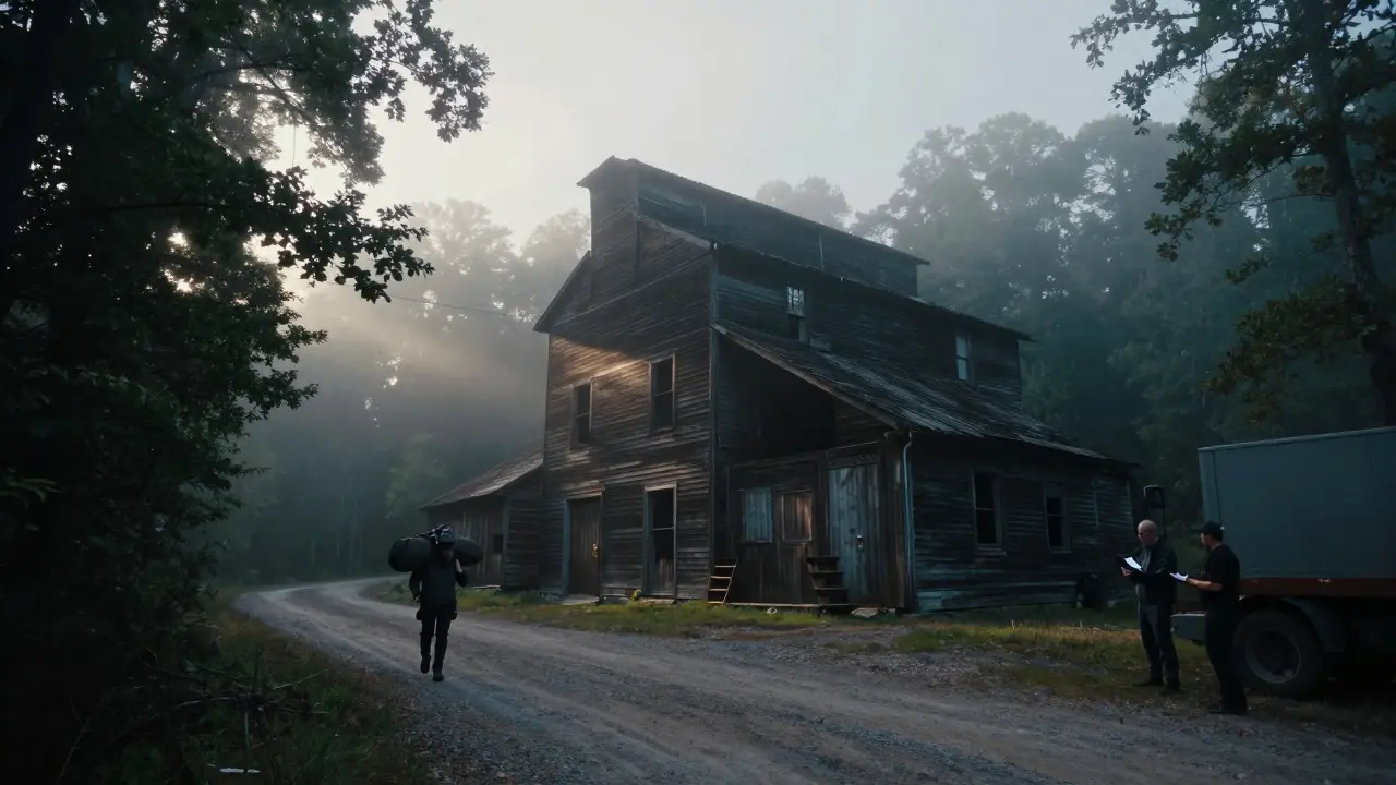 Crew members walking towards a foggy, abandoned mill in a rural forest setting