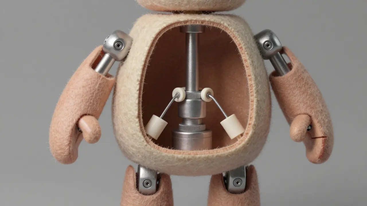 Cross-section of a stop-motion puppet revealing its internal wire and 3D-printed joints