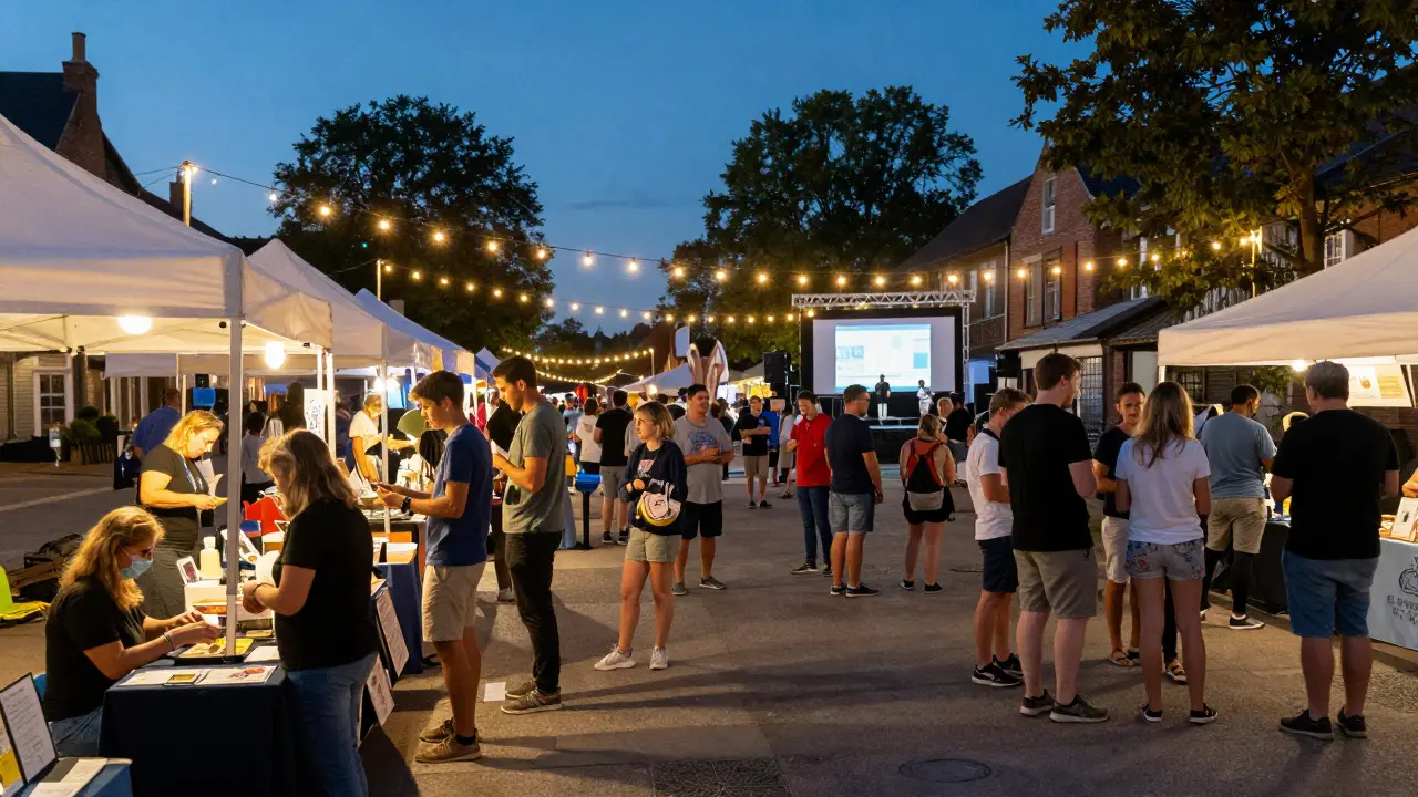 Crowd enjoying food markets and workshops at a community-focused outdoor festival