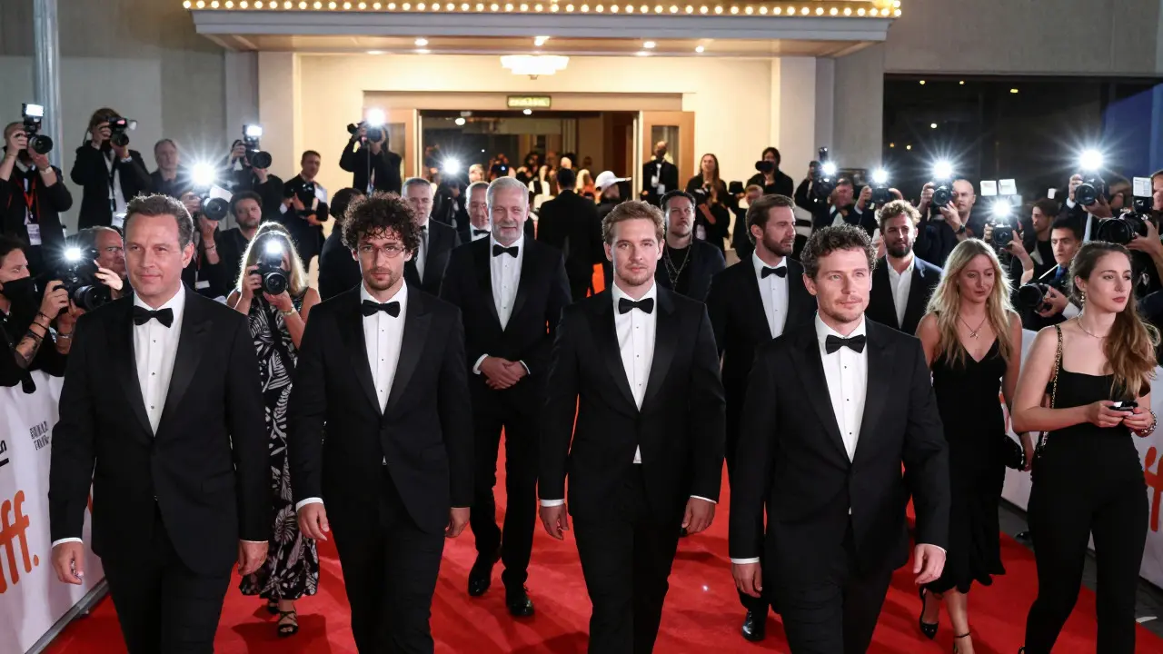 Crowd of people on a red carpet at a film festival with camera flashes