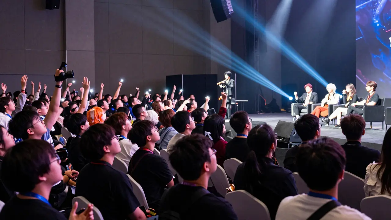 Crowded convention hall with fans in cosplay watching a brightly lit stage