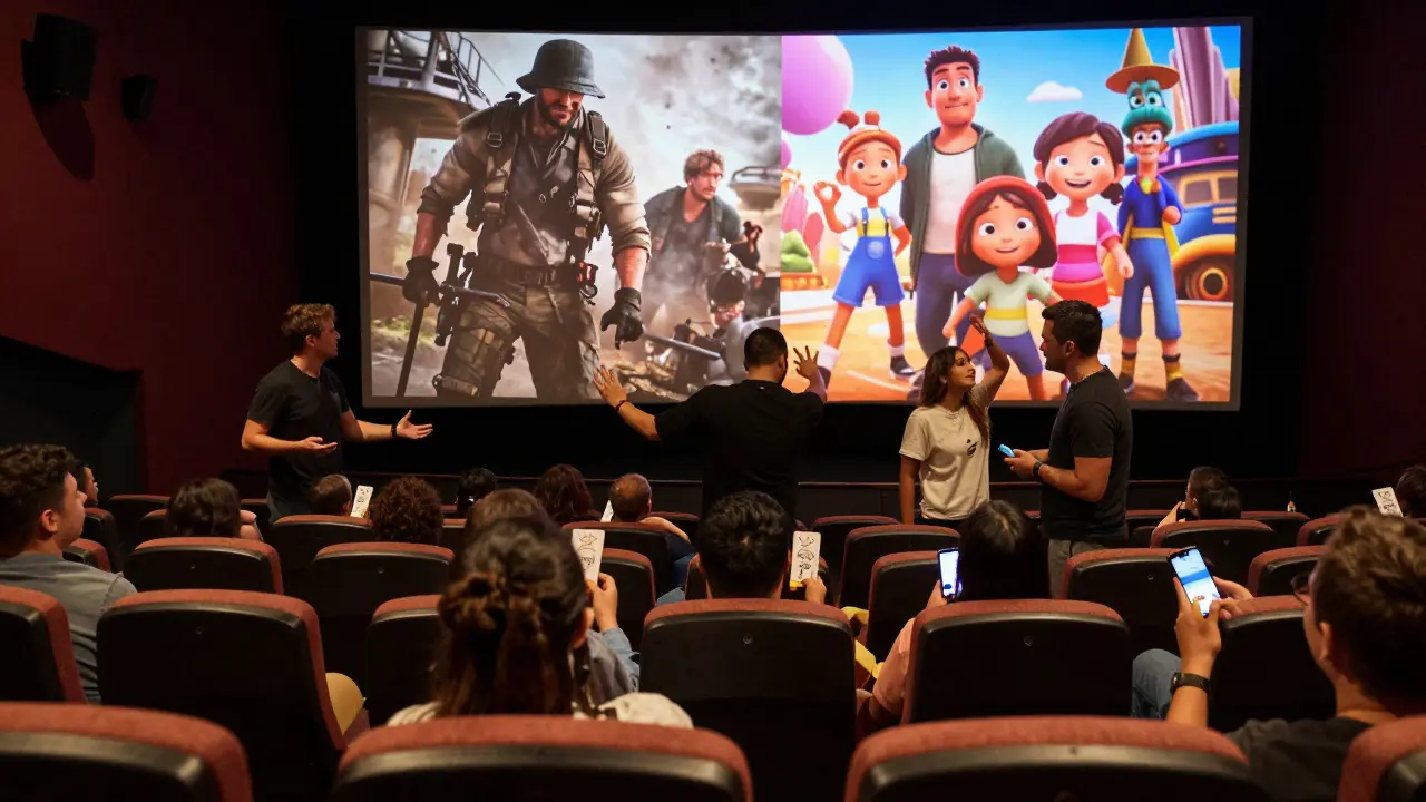 Crowded movie theater with audience members debating film choices