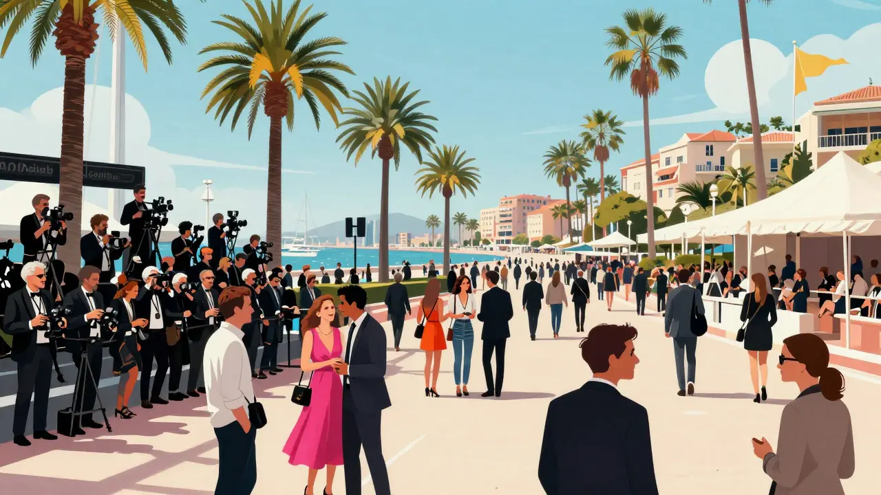 Crowded promenade in Cannes with palm trees and film industry professionals mingling