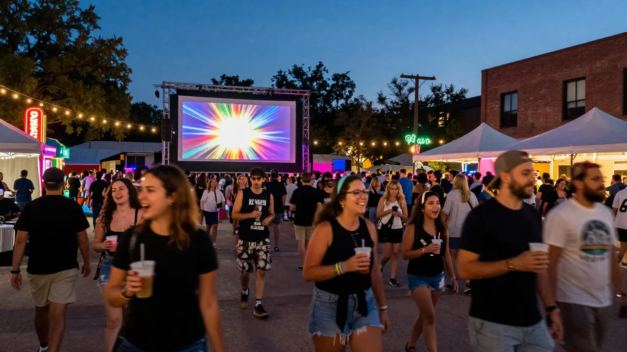 Crowded urban plaza at night with neon lights and an outdoor movie screen