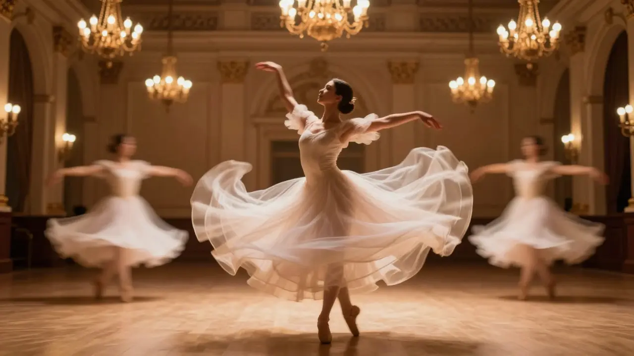 Dancer in a ballroom with flowing light trails from long exposure
