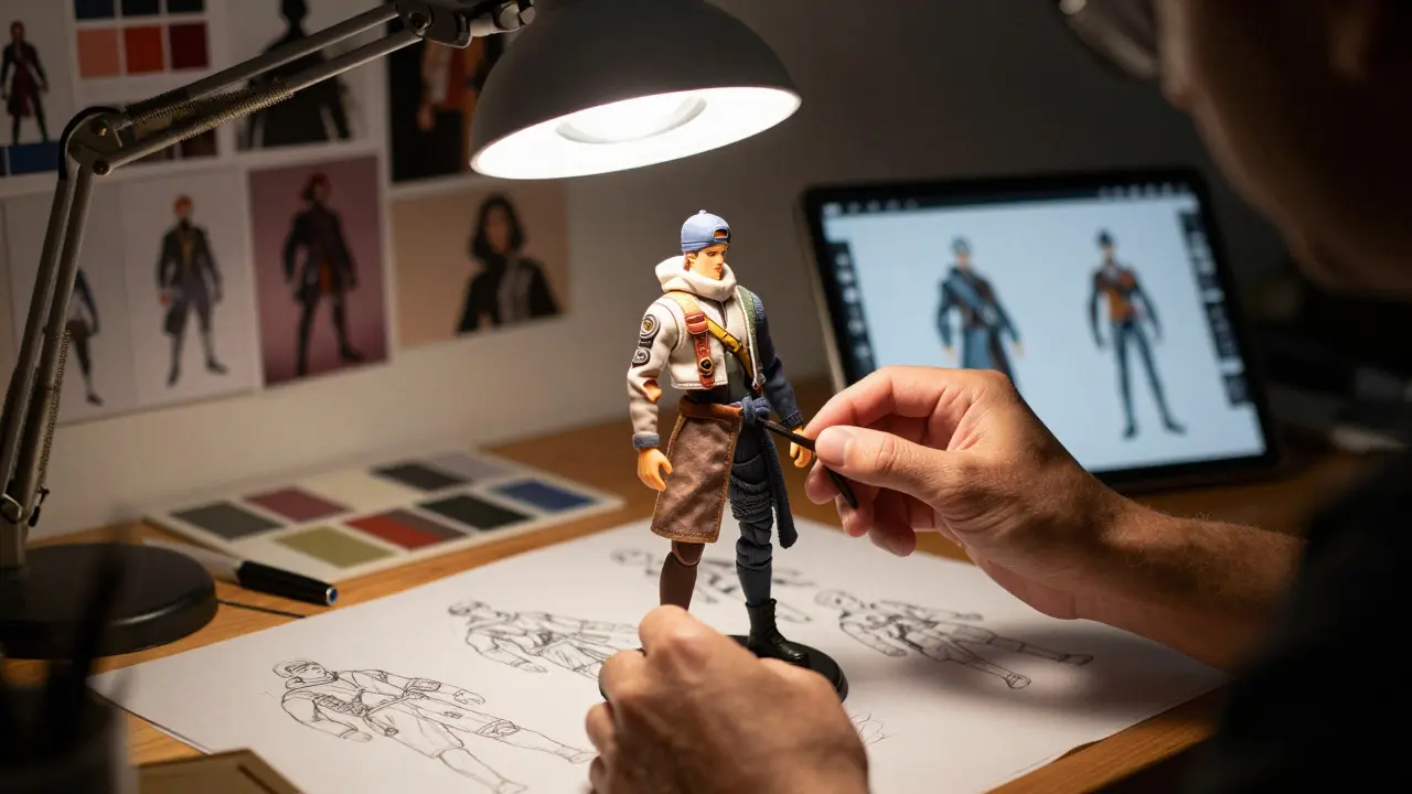 Designer examining a detailed toy prototype under a lamp in a creative workshop