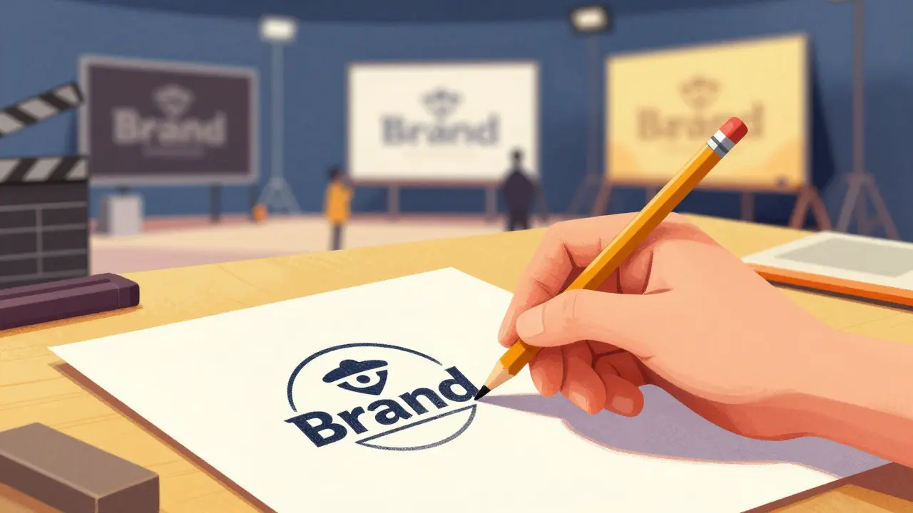 Designer sketching a logo with a movie set in the background