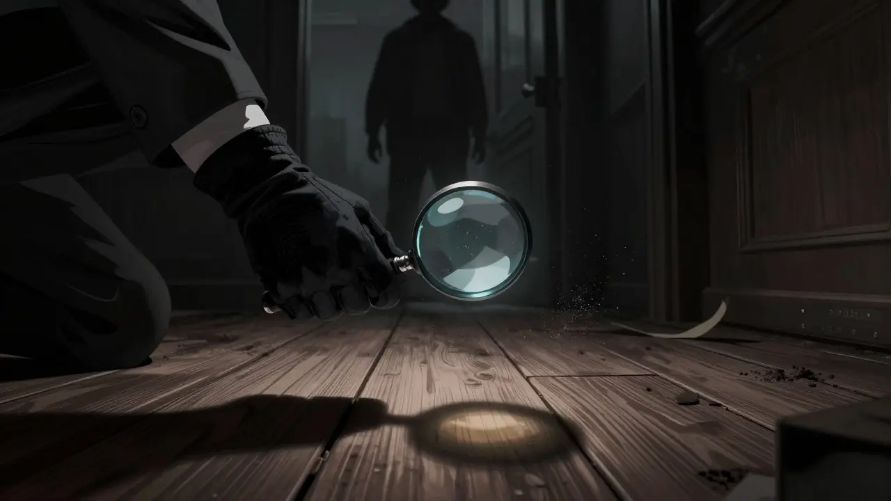Detective's hand with magnifying glass in a shadowy noir crime scene