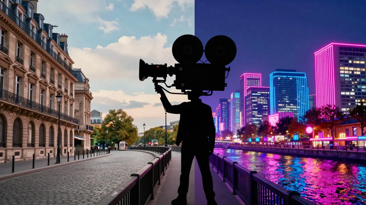 Digital art collage showing the bridge between Parisian streets and American cities via filmmaking.
