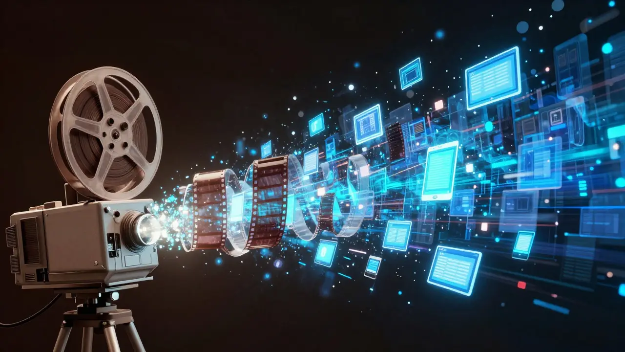 Digital art showing a film reel transforming into glowing data streams flowing to devices