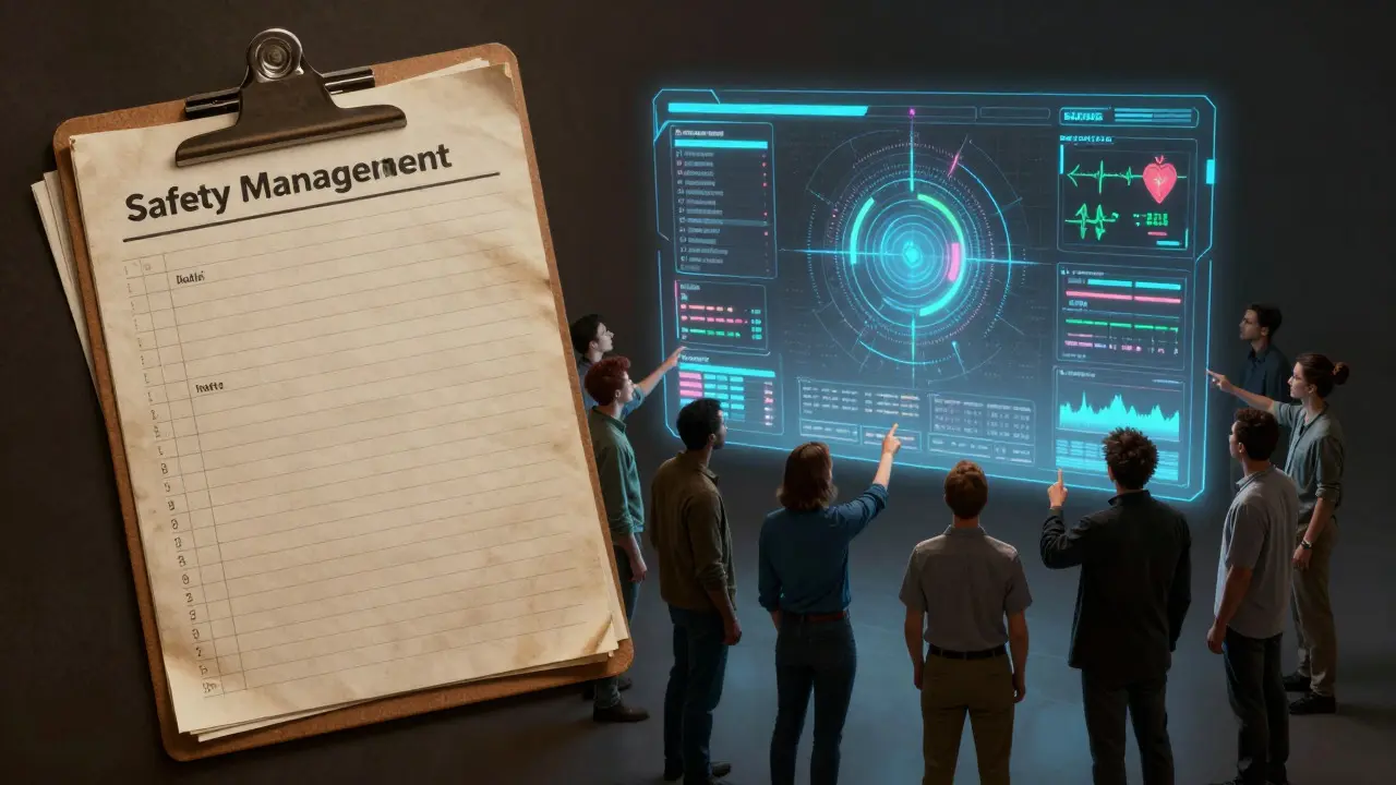 Digital art showing crew members reviewing real-time safety data projections