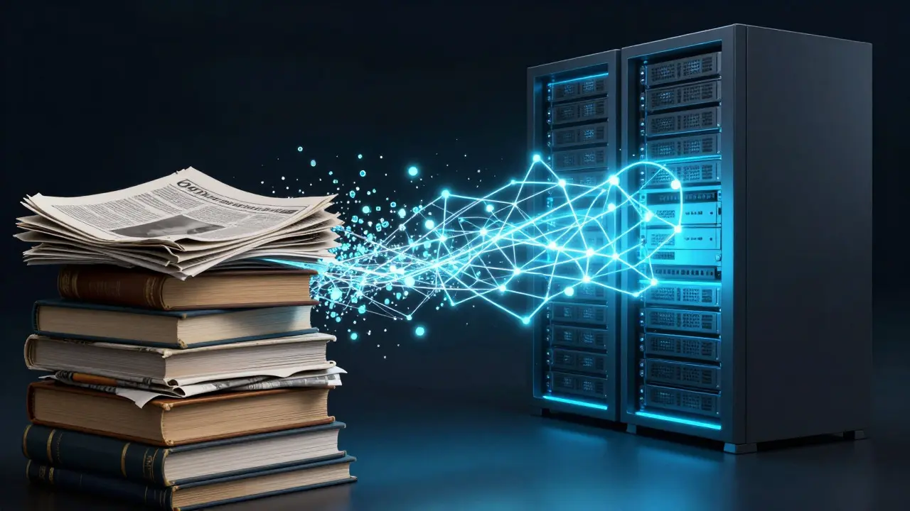 Digital art showing data flowing from old papers to a server network