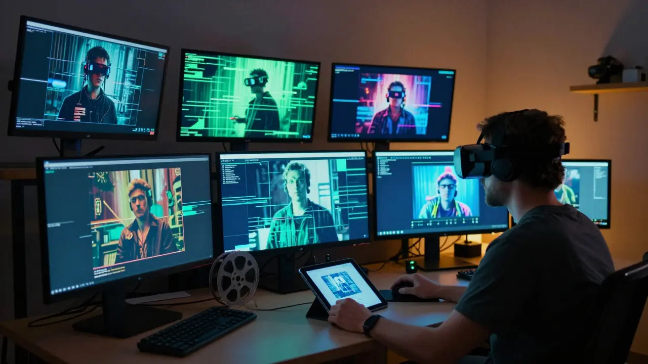 Digital artist using VR and glitch art screens in a modern studio