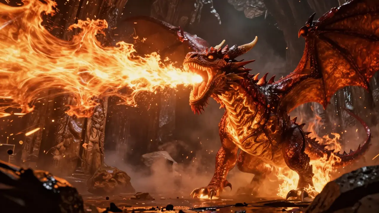 Digital dragon breathing fire with complex smoke and particle simulations