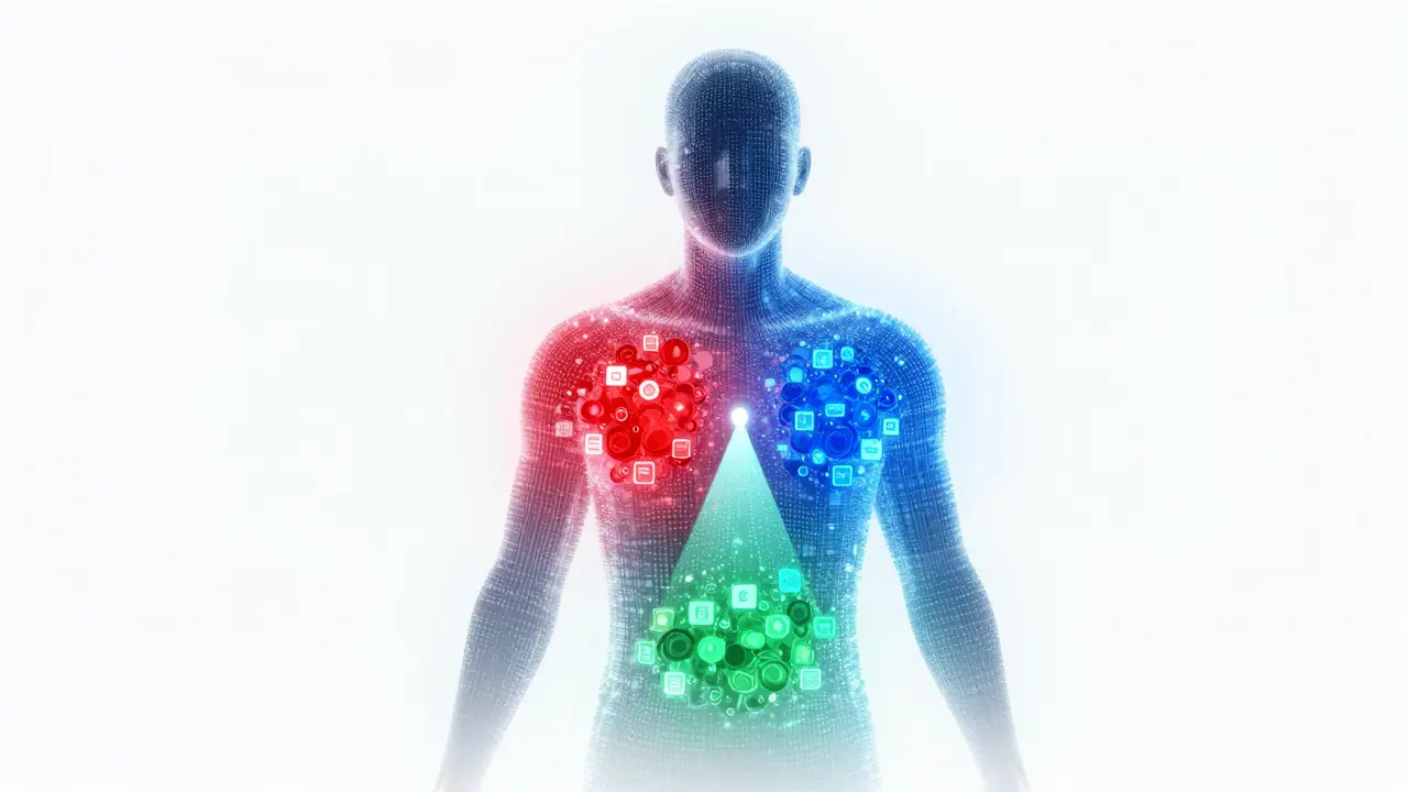 Digital human silhouette with colored clusters representing viewer preferences
